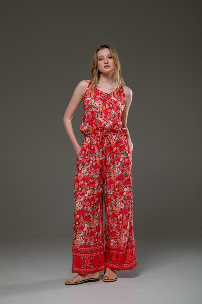 Luxury Soft Rayon Red Flower Border Print Scoop Neckline Waistband with drawsting Elegant Jumpsuit