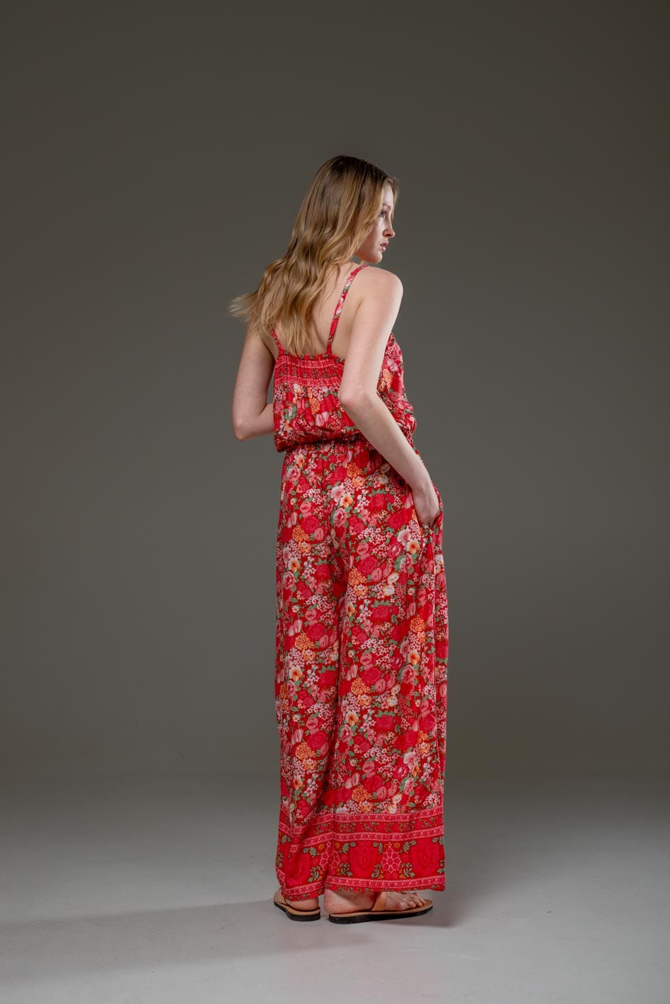 Luxury Soft Rayon Red Flower Border Print Scoop Neckline Waistband with drawsting Elegant Jumpsuit