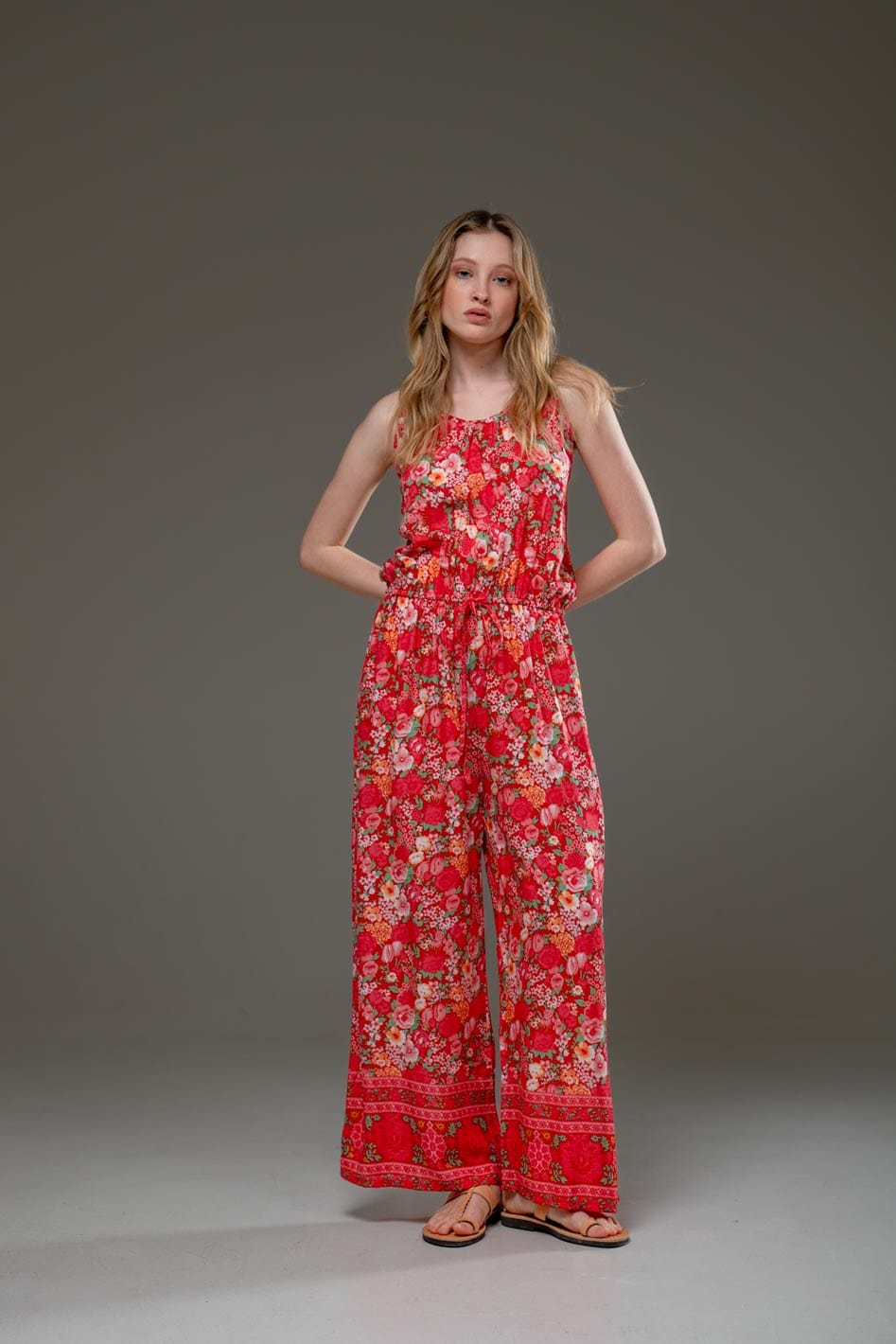 Luxury Soft Rayon Red Flower Border Print Scoop Neckline Waistband with drawsting Elegant Jumpsuit