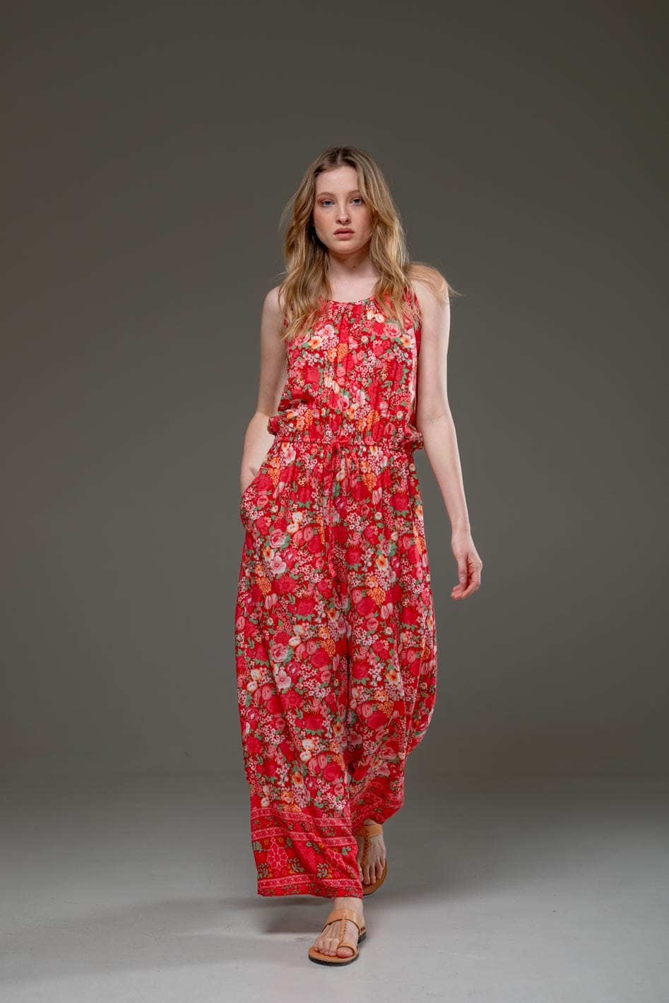 Luxury Soft Rayon Red Flower Border Print Scoop Neckline Waistband with drawsting Elegant Jumpsuit