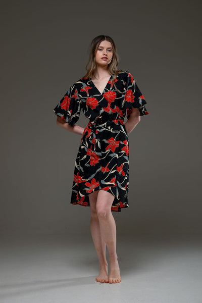 Luxury Soft Rayon Red Flower Pattern V Neck Self Waist Tie Midi Wrap Dress