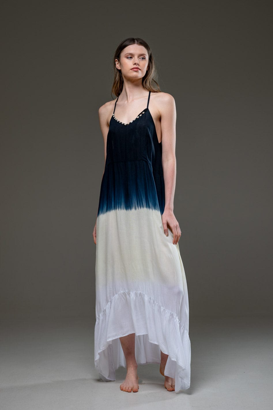 Luxury Soft Rayon Shiffon V Neckline Gradient Tie Dye Shell Knitted Asymmetric Long Strap Dress