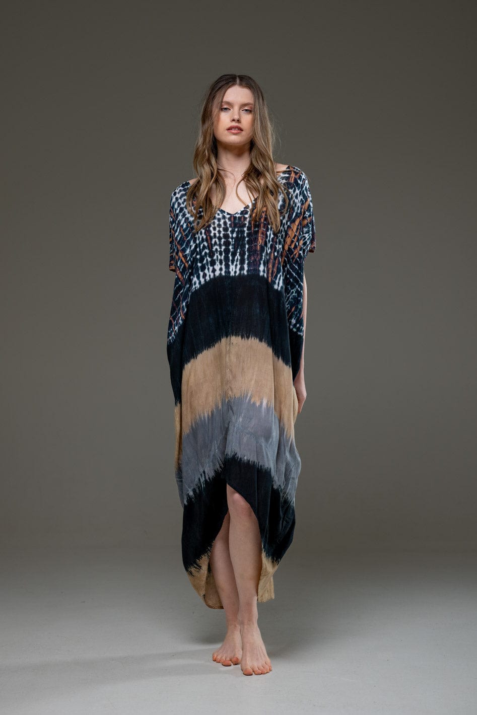 Luxury Soft Rayon Tie Dye Pattern Asymmetric Hemline V Neck Kaftan Dress