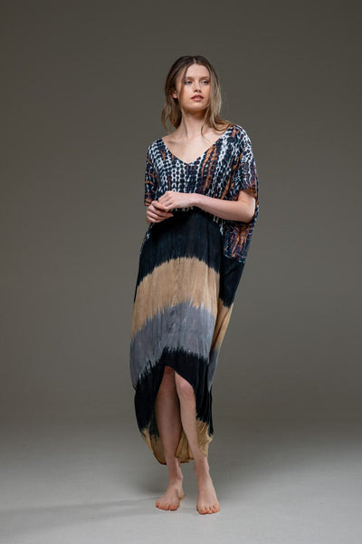 Luxury Soft Rayon Tie Dye Pattern Asymmetric Hemline V Neck Kaftan Dress