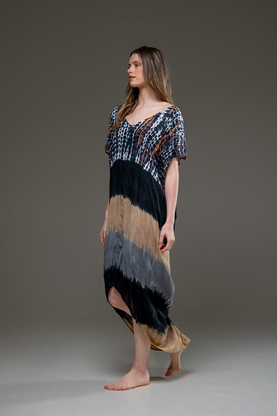 Luxury Soft Rayon Tie Dye Pattern Asymmetric Hemline V Neck Kaftan Dress