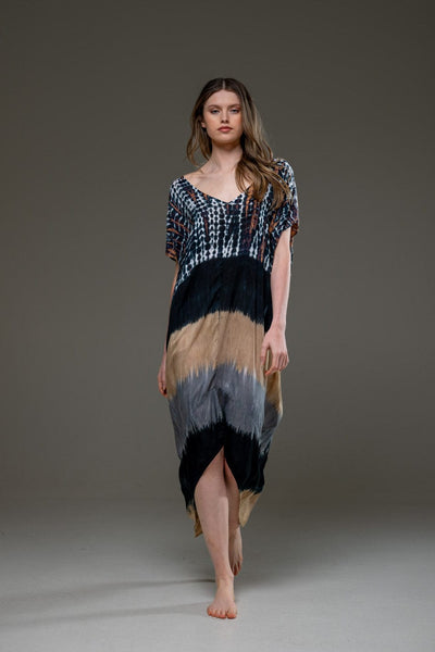 Luxury Soft Rayon Tie Dye Pattern Asymmetric Hemline V Neck Kaftan Dress