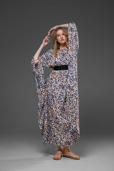 Mixed Colors Leopard Print Round Side Splits Long Kaftan Dress with Belt