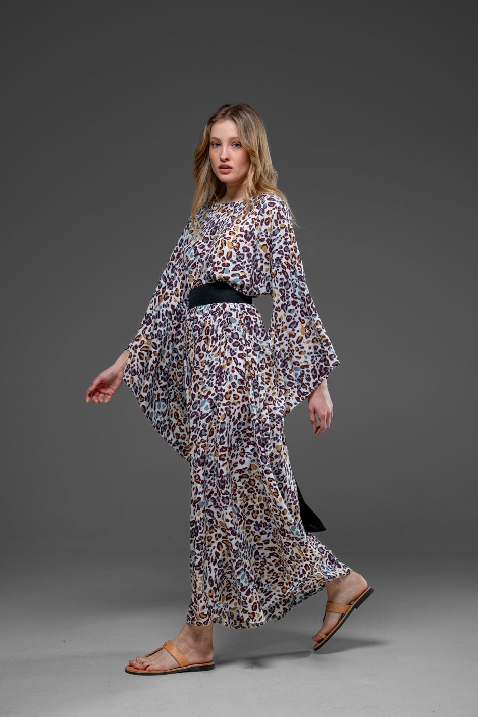 Mixed Colors Leopard Print Round Side Splits Long Kaftan Dress with Belt