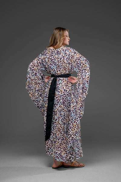 Mixed Colors Leopard Print Round Side Splits Long Kaftan Dress with Belt