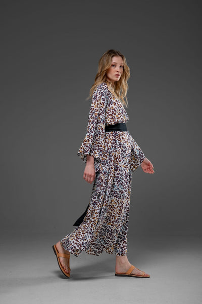 Mixed Colors Leopard Print Round Side Splits Long Kaftan  Dress with Belt