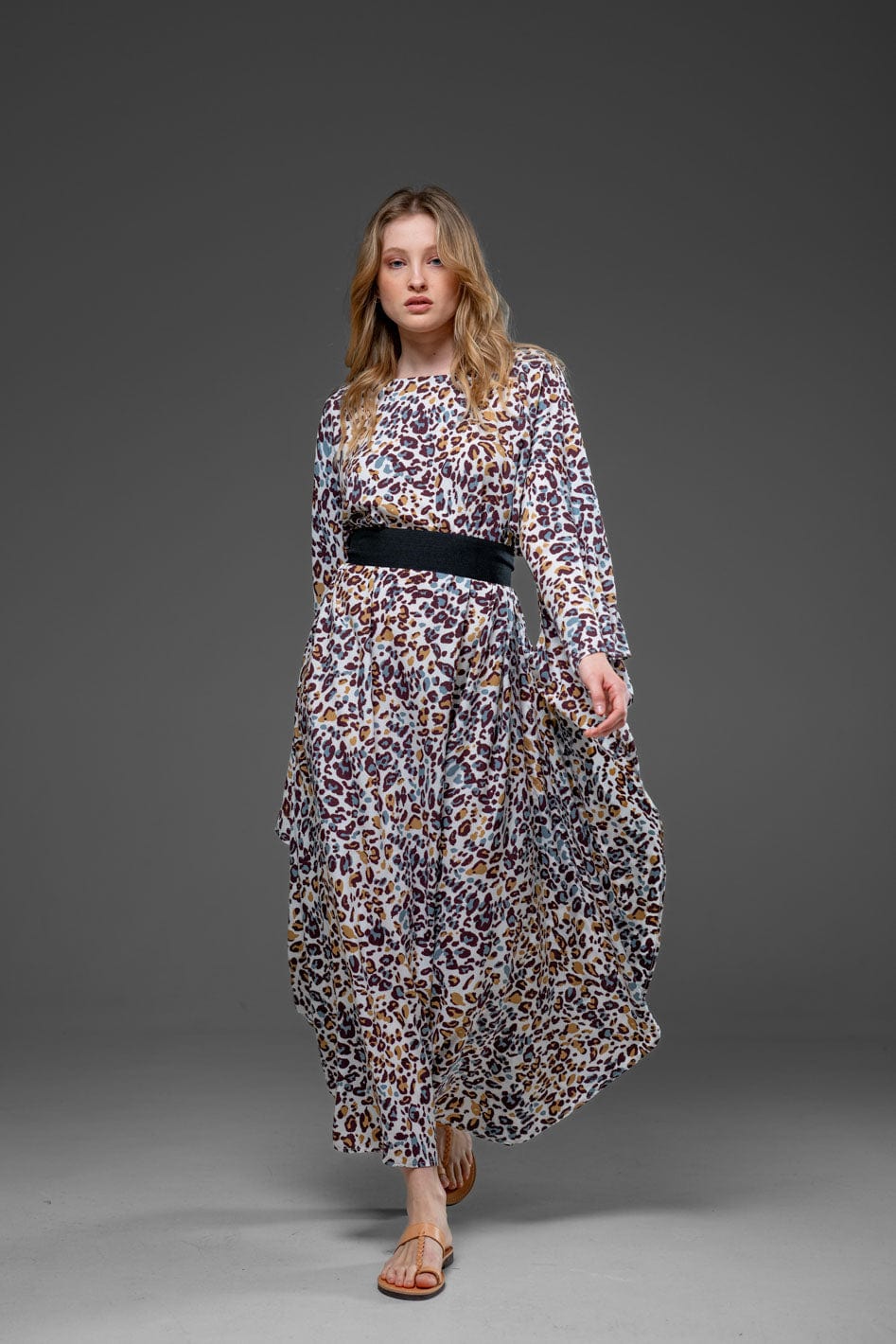 Mixed Colors Leopard Print Round Side Splits Long Kaftan Dress with Belt