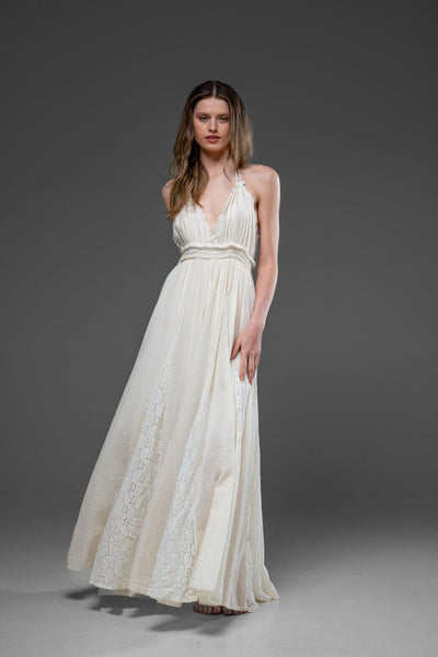 Off white Cotton Romantic Lace Detail Strap Long Dress