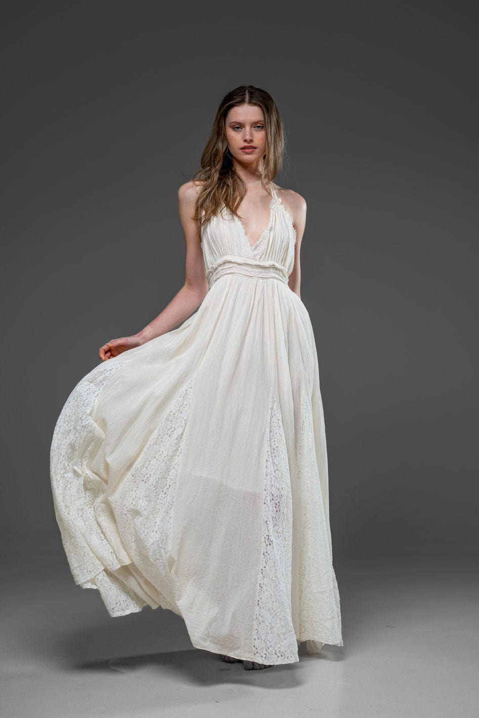 Off white Cotton Romantic Lace Detail Strap Long Dress