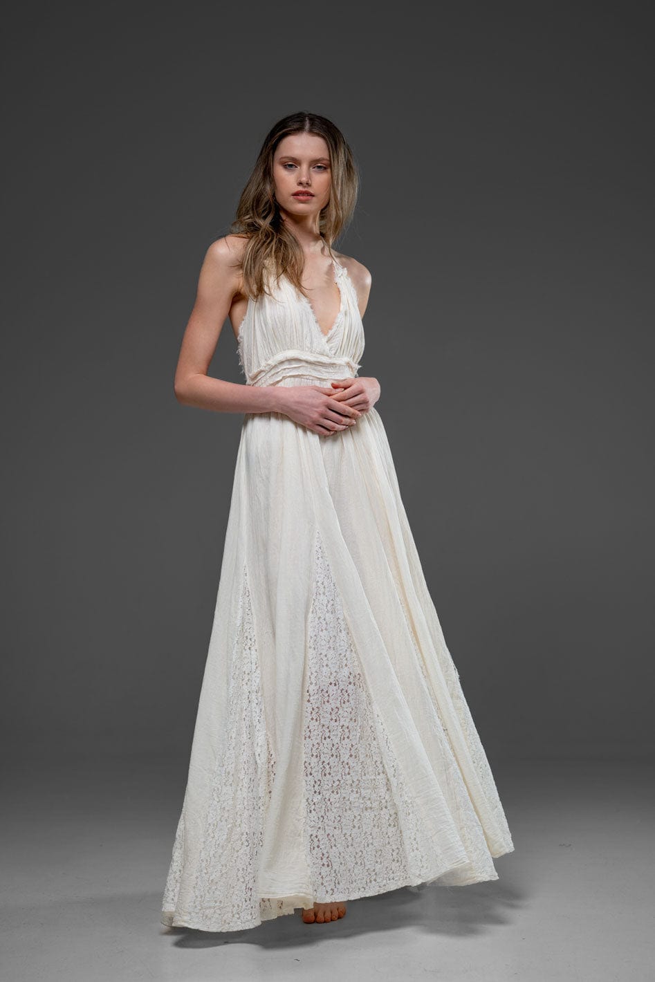 Off white Cotton Romantic Lace Detail Strap Long Dress