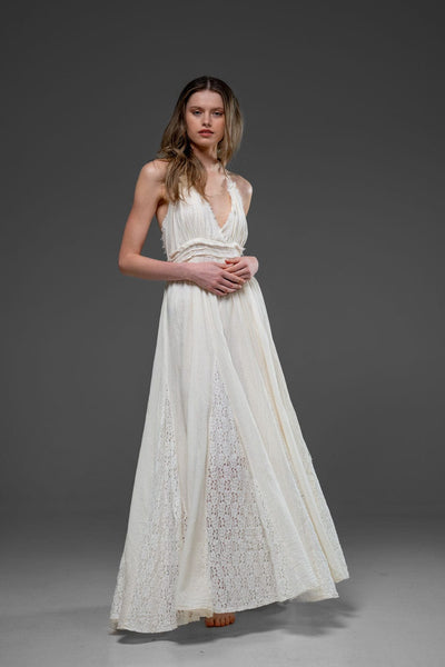 Off white Cotton Romantic Lace Detail Strap Long Dress