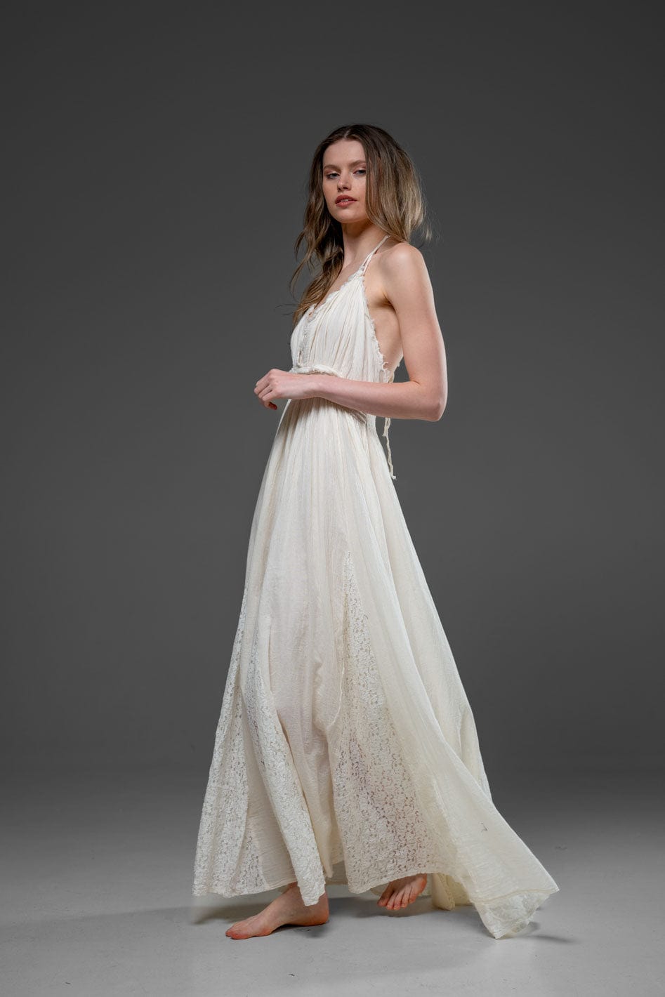 Off white Cotton Romantic Lace Detail Strap Long Dress