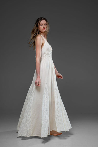 Off white Cotton Romantic Lace Detail Strap Long Dress