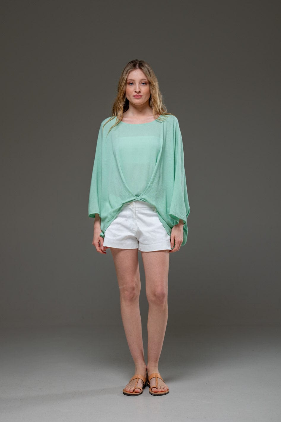 Pal Green Rayon Crepe Elegant Chic Flowing Batwings Scoop neck Blouse