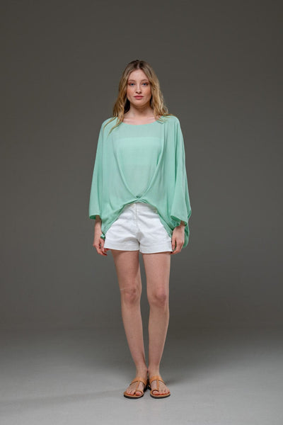 Pal Green Rayon Crepe Elegant Chic Flowing Batwings Scoop neck Blouse