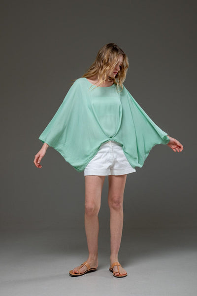 Pal Green Rayon Crepe Elegant Chic Flowing Batwings Scoop neck Blouse
