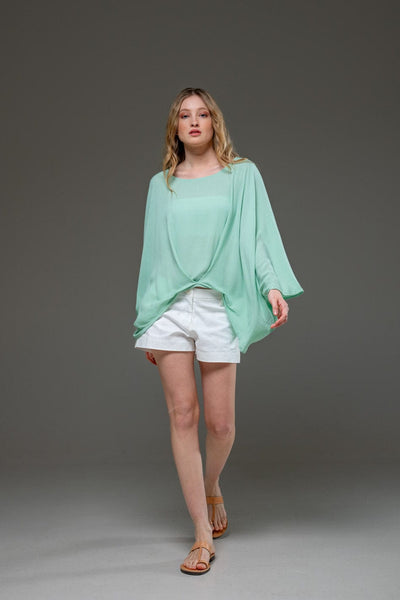 Pal Green Rayon Crepe Elegant Chic Flowing Batwings Scoop neck Blouse