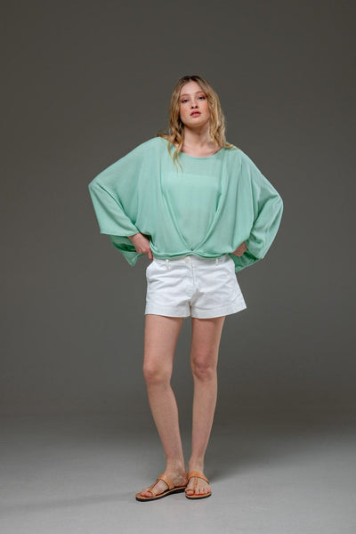 Pal Green Rayon Crepe Elegant Chic Flowing Batwings Scoop neck Blouse