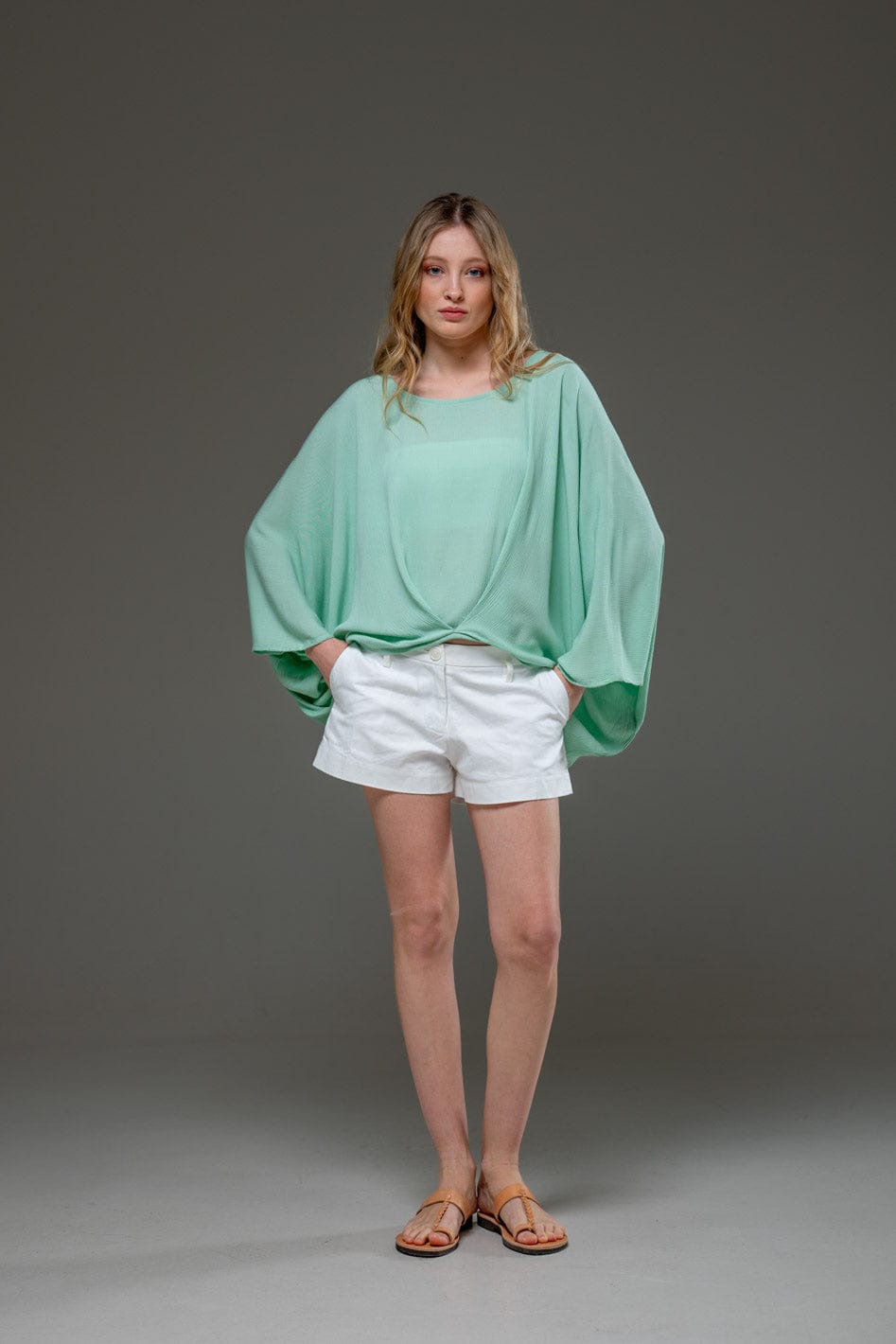 Pal Green Rayon Crepe Elegant Chic Flowing Batwings Scoop neck Blouse