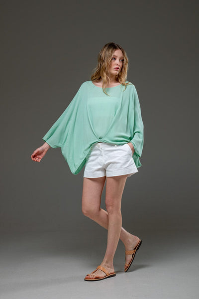 Pal Green Rayon Crepe Elegant Chic Flowing Batwings Scoop neck Blouse