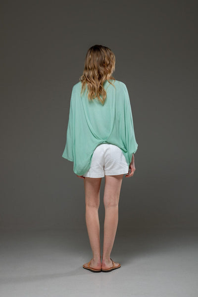 Pal Green Rayon Crepe Elegant Chic Flowing Batwings Scoop neck Blouse