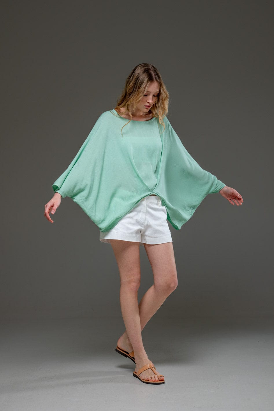 Pal Green Rayon Crepe Elegant Chic Flowing Batwings Scoop neck Blouse