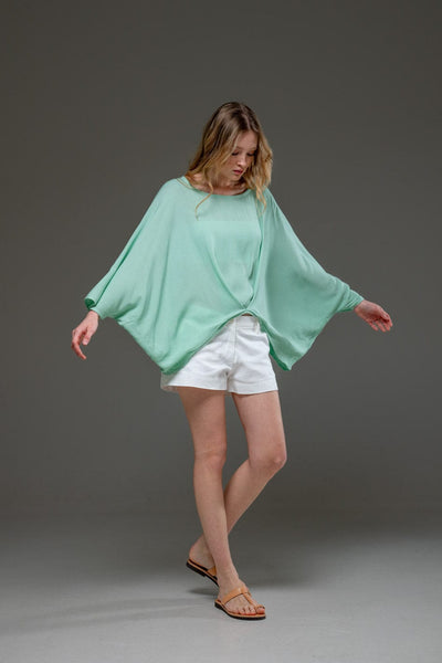 Pal Green Rayon Crepe Elegant Chic Flowing Batwings Scoop neck Blouse