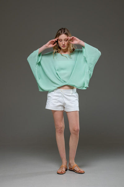 Pal Green Rayon Crepe Elegant Chic Flowing Batwings Scoop neck Blouse