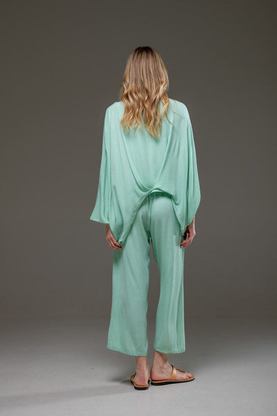 Pal Green Rayon Crepe Full Length elegant pants and fowing batwings Blouse Set