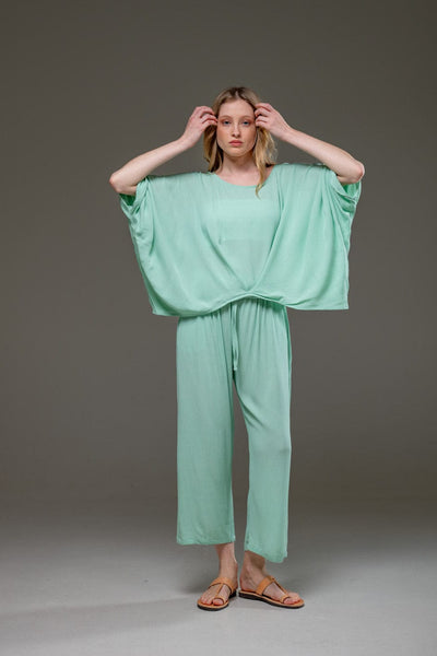 Pal Green Rayon Crepe Full Length elegant pants and fowing batwings Blouse Set