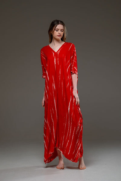 Rayon V Neckline Red Tye Dye Long Kaftan Dress