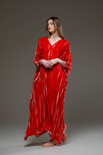 Rayon V Neckline Red Tye Dye Long Kaftan Dress