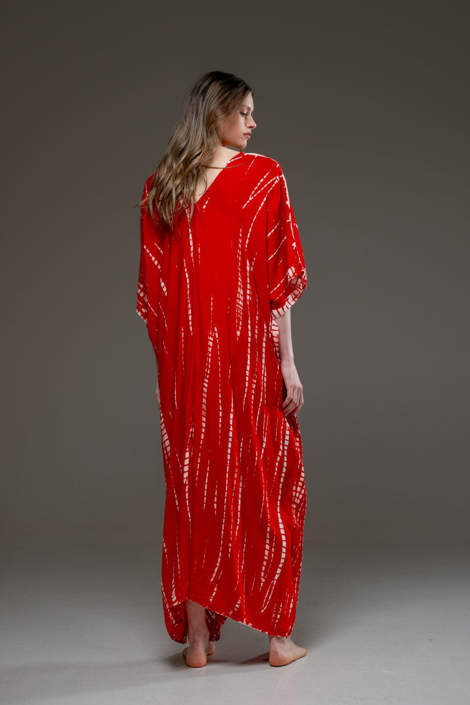 Rayon V Neckline Red Tye Dye Long Kaftan Dress