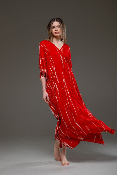 Rayon V Neckline Red Tye Dye Long Kaftan Dress