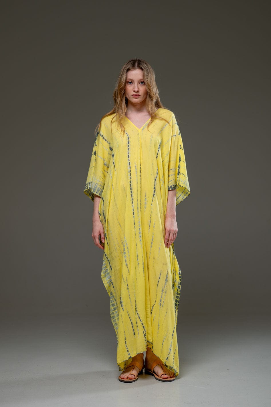 Rayon V Neckline Yellow Tye Dye Long Kaftan Dress