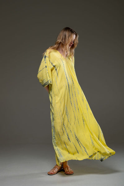 Rayon V Neckline Yellow Tye Dye Long Kaftan Dress