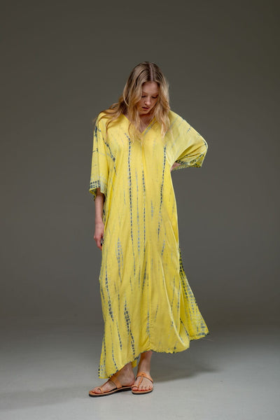 Rayon V Neckline Yellow Tye Dye Long Kaftan Dress