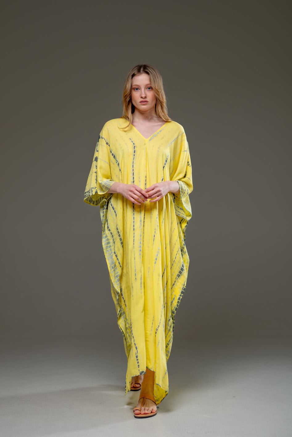 Rayon V Neckline Yellow Tye Dye Long Kaftan Dress