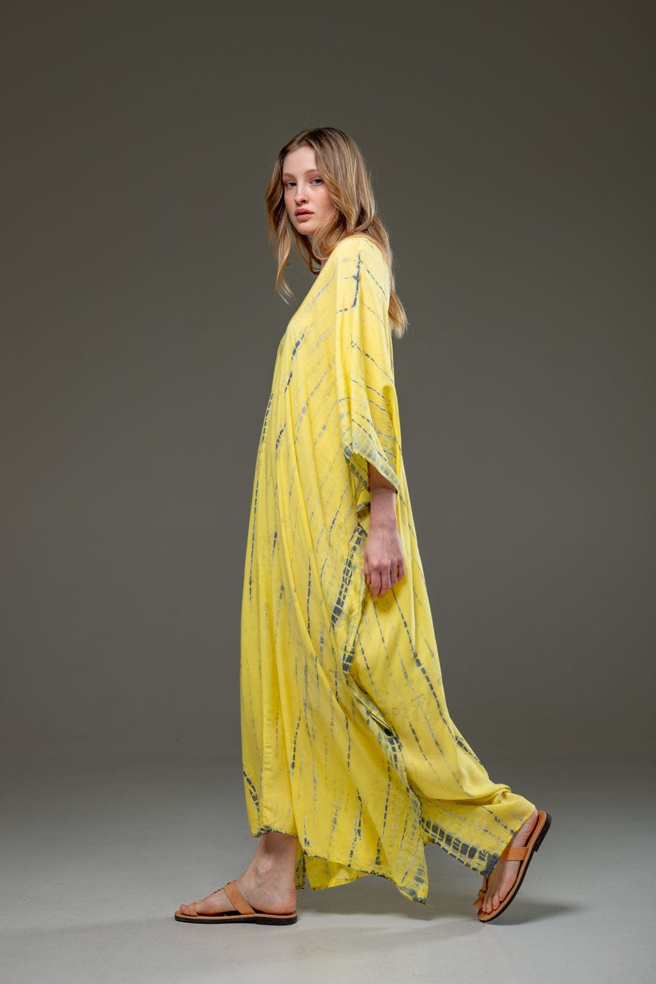 Rayon V Neckline Yellow Tye Dye Long Kaftan Dress