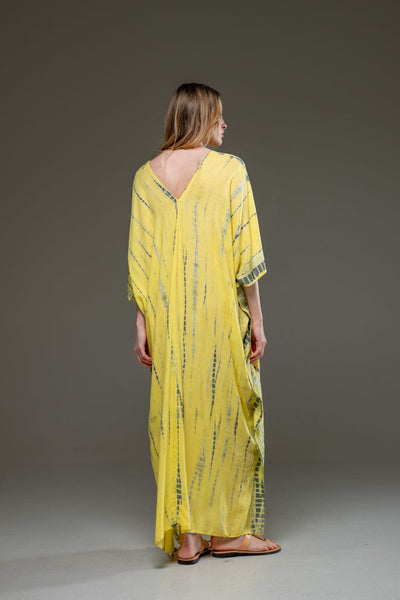 Rayon V Neckline Yellow Tye Dye Long Kaftan Dress