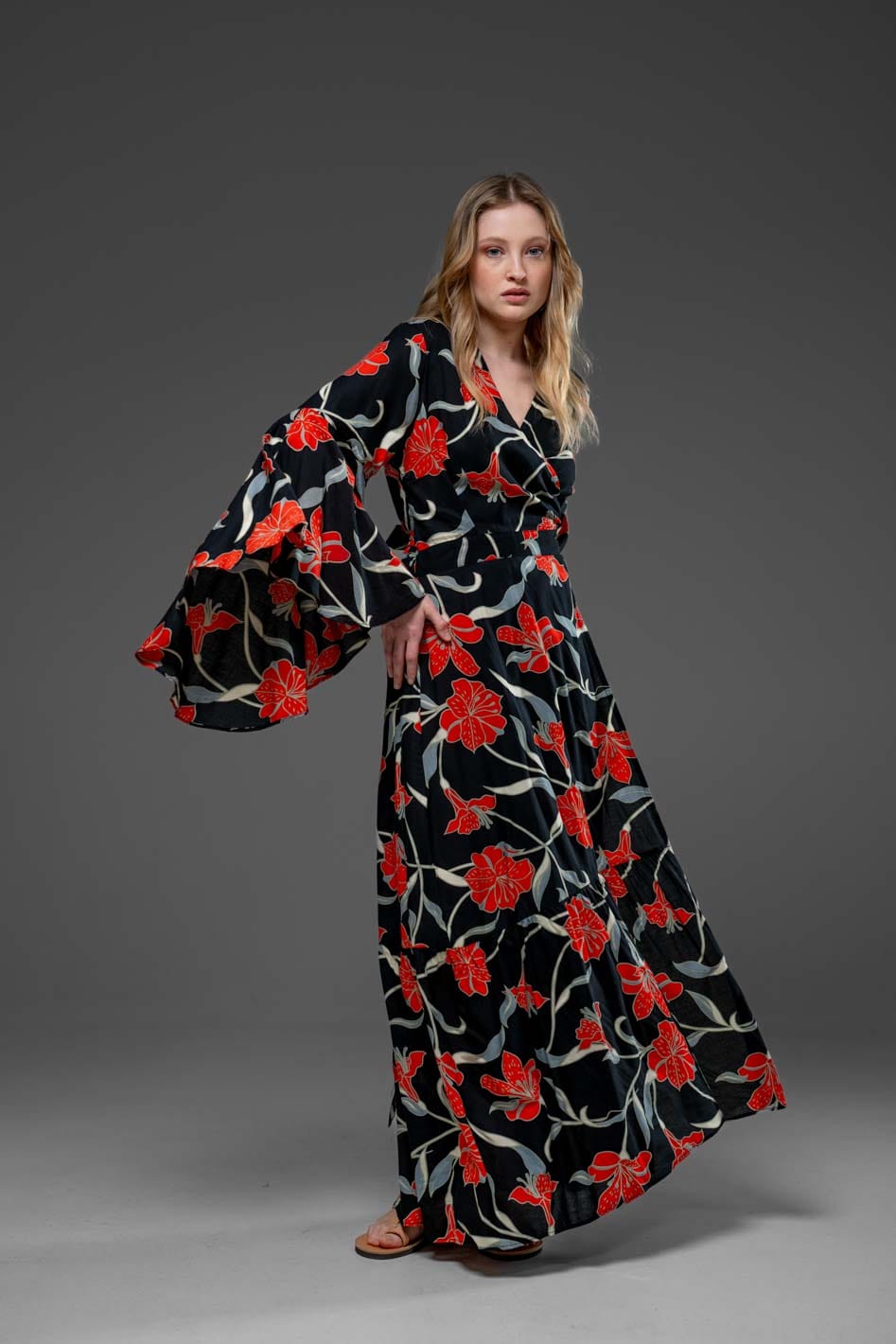 Red Flower Black Rayon Wrap Self Tied Bohemian Long Dress