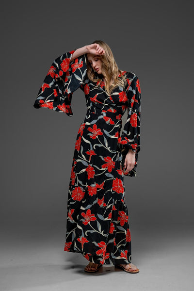 Red Flower Black Rayon Wrap Self Tied Bohemian Long Dress