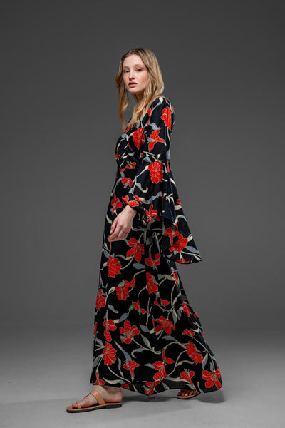 Red Flower Black Rayon Wrap Self Tied Bohemian Long Dress