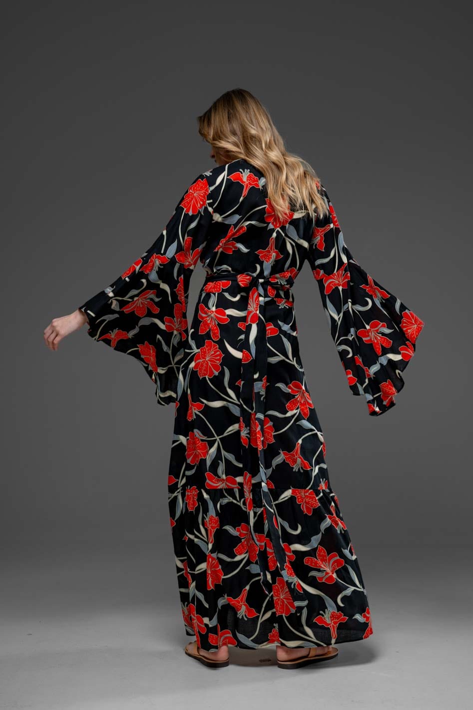 Red Flower Black Rayon Wrap Self Tied Bohemian Long Dress