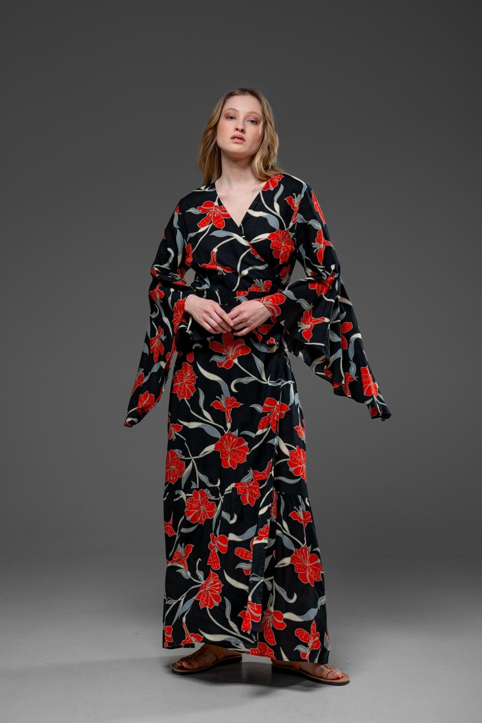 Red Flower Black Rayon Wrap Self Tied Bohemian Long Dress