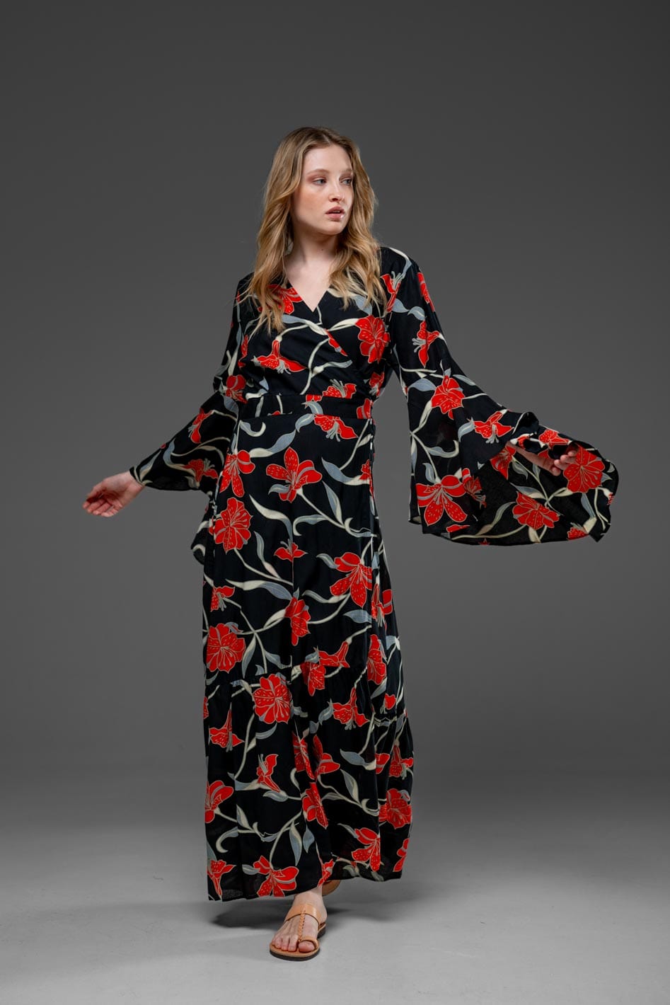 Red Flower Black Rayon Wrap Self Tied Bohemian Long Dress